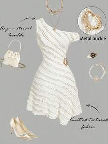 SHEIN MOD 女士休闲纯色不对称领迷你连衣裙，夏季 - 杏色 - 查看 4