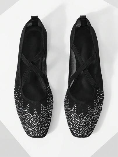 Mnmlis Bailarinas de mujer con malla y strass tipo Mary Jane, adecuadas para estilos Y2K, punk, moda, Halloween, Navidad y atuendos de fiesta