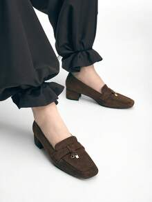 Mnmlis Mocasines de tacón grueso para mujer, zapatos de punta cuadrada con hebilla de metal de ante de moda - Café integral - Ver 7