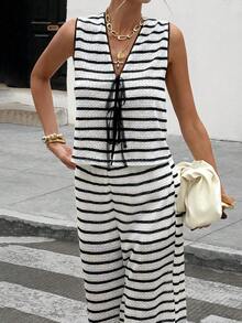 Siren Gaze Women's Summer Casual Striped Tank Top And Pants 2 Pieces Set - Black - View 7