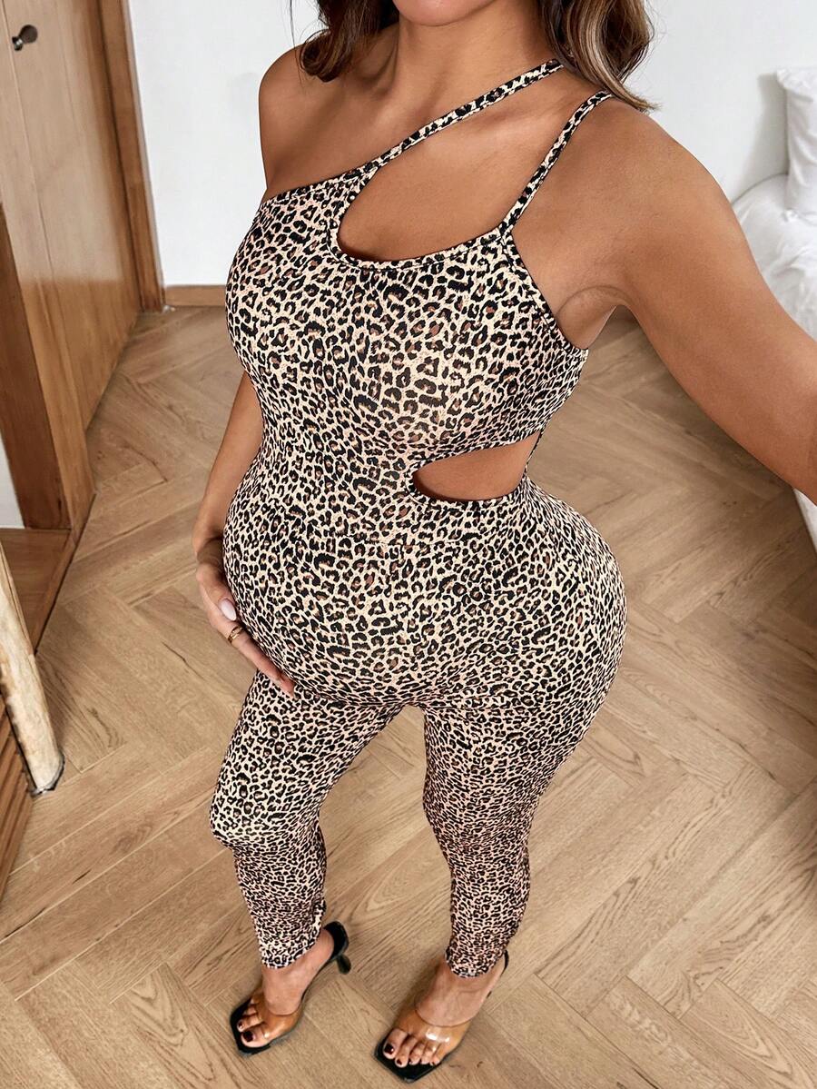 SHEIN 夏季孕妇时尚豹纹镂空修身连体裤 - 棕色 - 查看 1