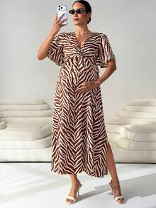 MaterniWear Maternity Zebra Print Side Slit Dress - Mocha Brown - View 1