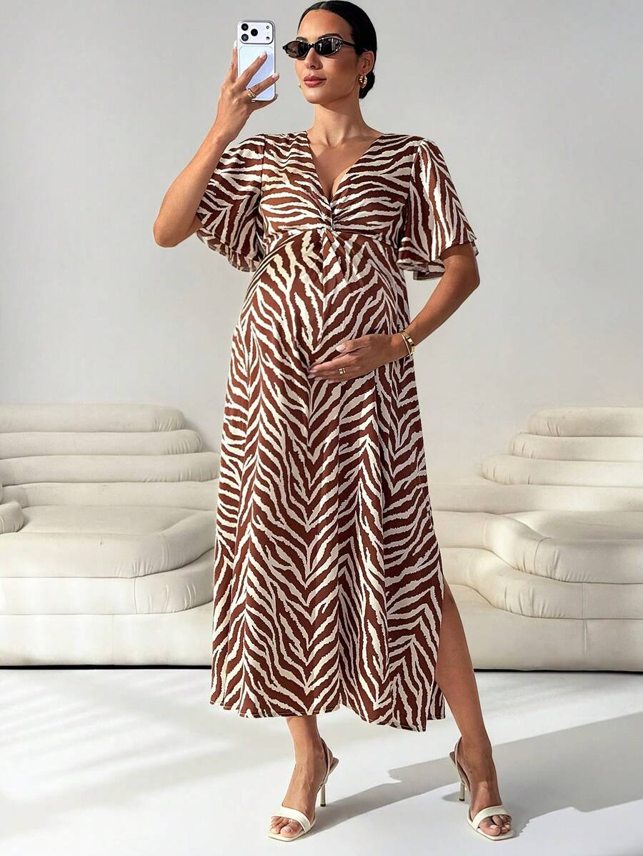 MaterniWear Maternity Zebra Print Side Slit Dress - Mocha Brown - View 1