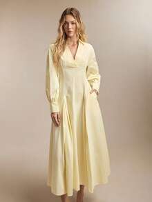 BizChic New Cream Yellow Shirt Dress With V-Neck, Asymmetrical Pleated Hem, Dropped Shoulder, Versatile For Spring/Summer Wear - Light Yellow - View 6