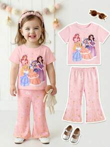 SHEIN Completo casual da bambina con maglietta a maniche corte e pantaloni a zampa, con motivo floreale retrò, adatto per uso quotidiano, primavera ed estate, comodo e facile da indossare, stile grafico floreale retrò per bambine, adatto per occasioni casual, rientro a scuola, relax, vacanze - Multicolore - Visualizzare 6