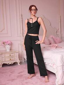 Contrast Lace Button Front PJ Set / Pajama Set Lounge Set - Black - View 4