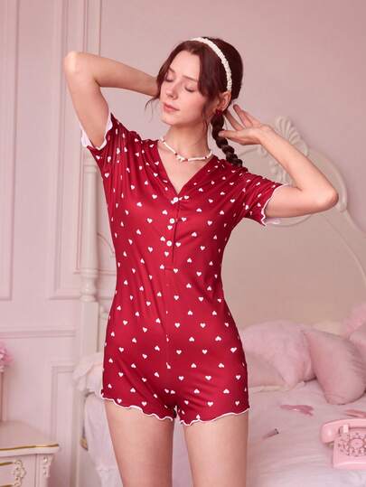 Heart Print Lettuce Trim Romper