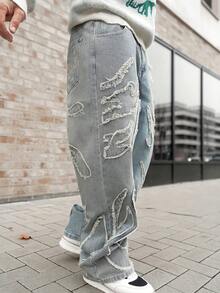 Artur Kramer 男士休闲街头风格刺绣破洞牛仔裤，蓝色 - 中等水洗藍 - 查看 4