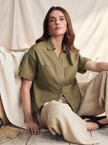 Zovinel 女士休闲纯色短袖衬衫，夏季百搭 - 橄欖綠 - 查看 8