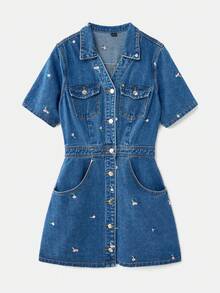 lacRébo Dark Blue Fitted Denim Mini Dress,Pink Floral Embroidery A-Line Skirt,French Vintage Cotton Vacation Dress,Blue Pink,Autumn,Casual,Everyday - Dark Wash - View 6