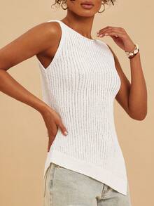Travachic Nuevo Llegada Primavera/Verano 2026, Chaleco de punto asimétrico sin mangas con diseño calado para mujer, ideal para vacaciones - Blanco - Ver 7