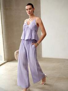 MOTF PREMIUM NUEVO ELEGANTE CONJUNTO DE TOP CAMISOLA PLISADO Y PANTALONES DE PIERNA ANCHA DE CINTURA ALTA DE LINO - Caqui - Ver 1