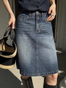 DAZY 女士常规款中腰A字及膝休闲优雅牛仔裙 - 深色水洗藍 - 查看 3