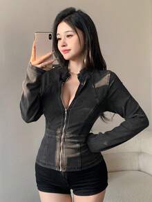 DAZY 女士立领修身长袖开衫，开衩设计，优雅性感休闲牛仔上衣 - 黑色 - 查看 5