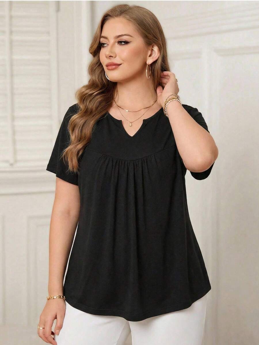 Rosumi Plus Solid Notched Neck Tee,Spring/Summer/Vacation - Black - View 1