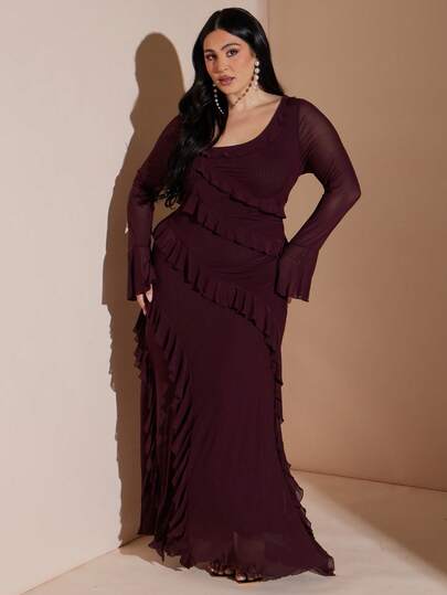 SHEIN BAE 大码女式不对称荷叶边长款网纱连衣裙，咖啡棕色，适合情人节穿着