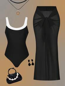 Swim Oasis Áo tắm liền thân hở lưng thanh lịch dành cho nữ, đính chuỗi ngọc trai, thích hợp cho bãi biển, khu nghỉ dưỡng, kỳ nghỉ vào mùa xuân, hè và thu. - Đen và trắng - Xem 4