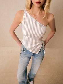 Poéselle Women's Casual Asymmetric Sleeveless Striped Top, Summer - Brown - View 4