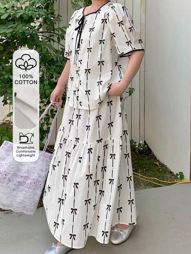 Dazy Plus Plus Size Women's Elegant Butterfly Print Contrast Binding Knot Front Short Sleeve Top And Skirt 2-Piece Set, Summer Holiday Style