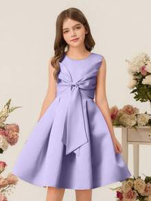 Girls Princess Dress, Elegant Backless Dress, Children Birthday Party Dress, Flower Girl Wedding Gown, Bowknot Dress - Purple - View 4