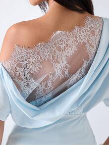 LYSMO 2026 New Arrive Minimalism Spring/Summer Women's Lace Patchwork Ruffle Asymmetric Shoulder Casual Versatile Daily T-Shirt - Mint Blue - View 7