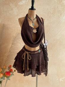 Soleia 女士日落渐变深V领花卉金属扣系带上衣+多层荷叶边迷你裙两件套，休闲假日海滩邮轮度假，适合音乐节、波西米亚风度假 - 棕色 - 查看 3