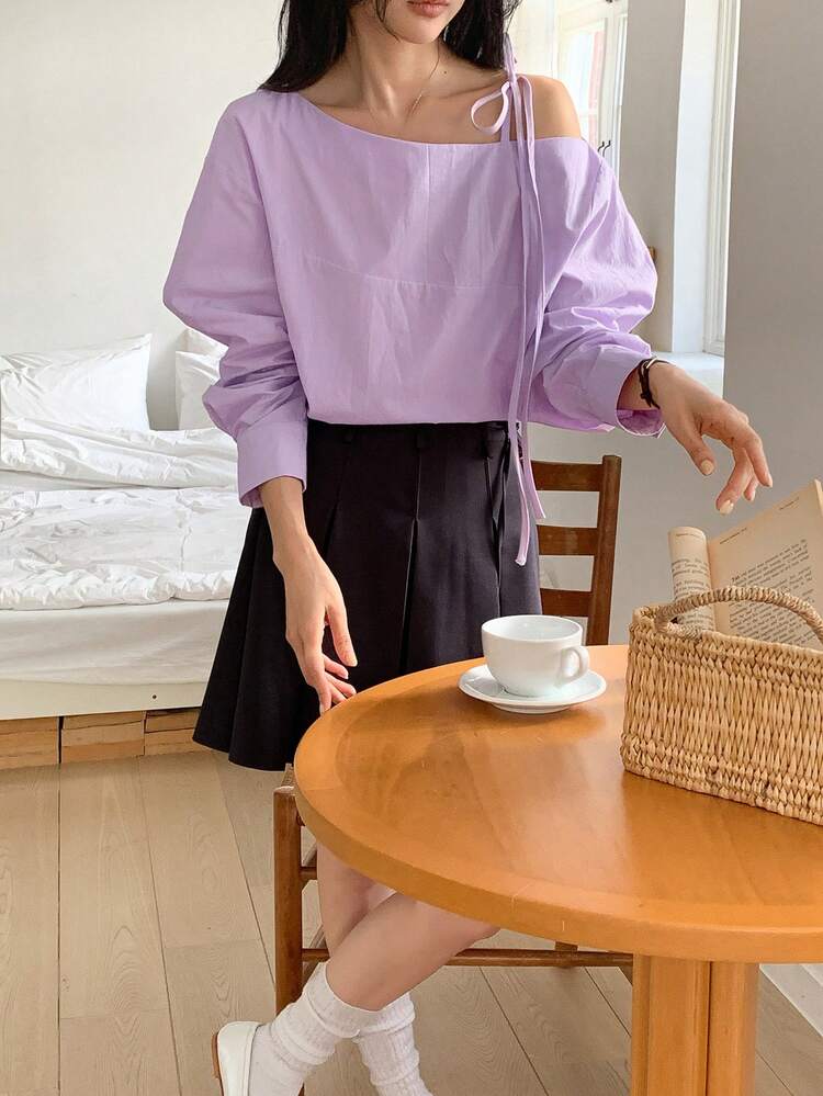 Women's Oblique Shoulder Korean Style Long Sleeve Tie Strap Casual Blouse