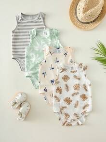 SHEIN Bộ 4 món áo liền quần không tay dệt kim họa tiết cây dừa và sọc dễ thương cho bé sơ sinh trai/gái, chủ đề kỳ nghỉ hè. - Nhiều màu - Xem 3