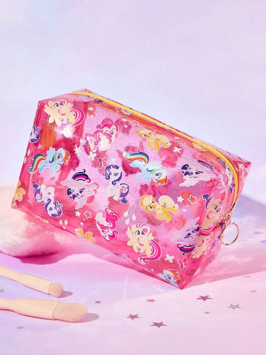 My Little Pony X SHEIN 1个大容量透明闪光化妆包，多功能收纳包，小物件收纳包，旅行收纳包，数码收纳包，适合日常携带小物件、旅行、办公、化妆或学习使用，专为女性和学生设计，图案包含暮光闪闪、云宝黛西、碧琪、苹果嘉儿、瑞瑞、柔柔等角色。 - 粉色 - 查看 1