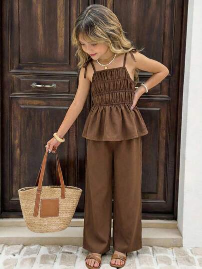 Sparklyn Girls Striped Bow Camisole Top And Straight Leg Pants Summer Vacation Outfit