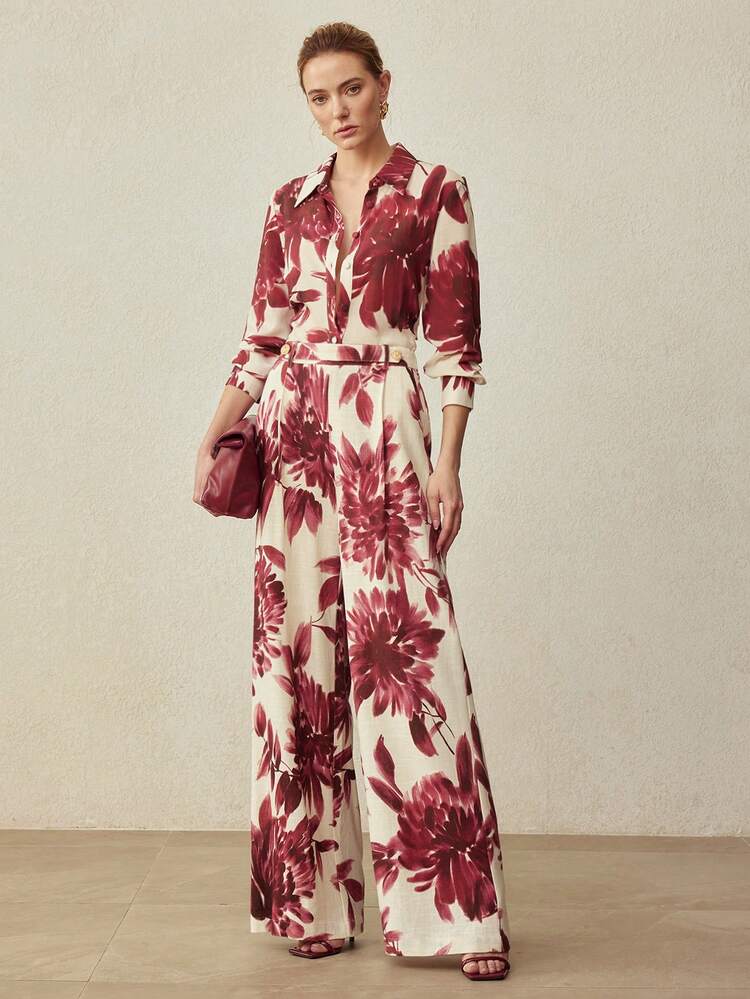 LINEN FLORAL PRINT MINIMALIST STRAIGHT LEG WIDE PANTS, SPRING/SUMMER