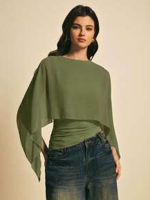 Poéselle 女士纯色圆领短款不对称下摆时尚简约衬衫 - 軍綠色 - 查看 4