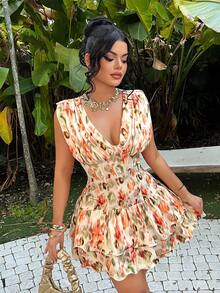 SHEIN SXY Floral Print Vacation Cake Mini Skirt Sundress - Multicolor - View 5