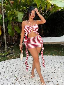SHEIN SXY Women's Red & White Striped Halter Top And Mini Skirt Set - Red and White - View 5
