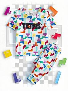 Tetris™ X SHEIN Baby Girl Letter & Geometric Print Round Neck Short Sleeve Top And Pants Casual Daily Outfit - Grey - View 1