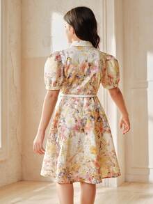 Anewsta 女童碎花连衣裙，配腰带，春夏款 - 杏色 - 查看 2