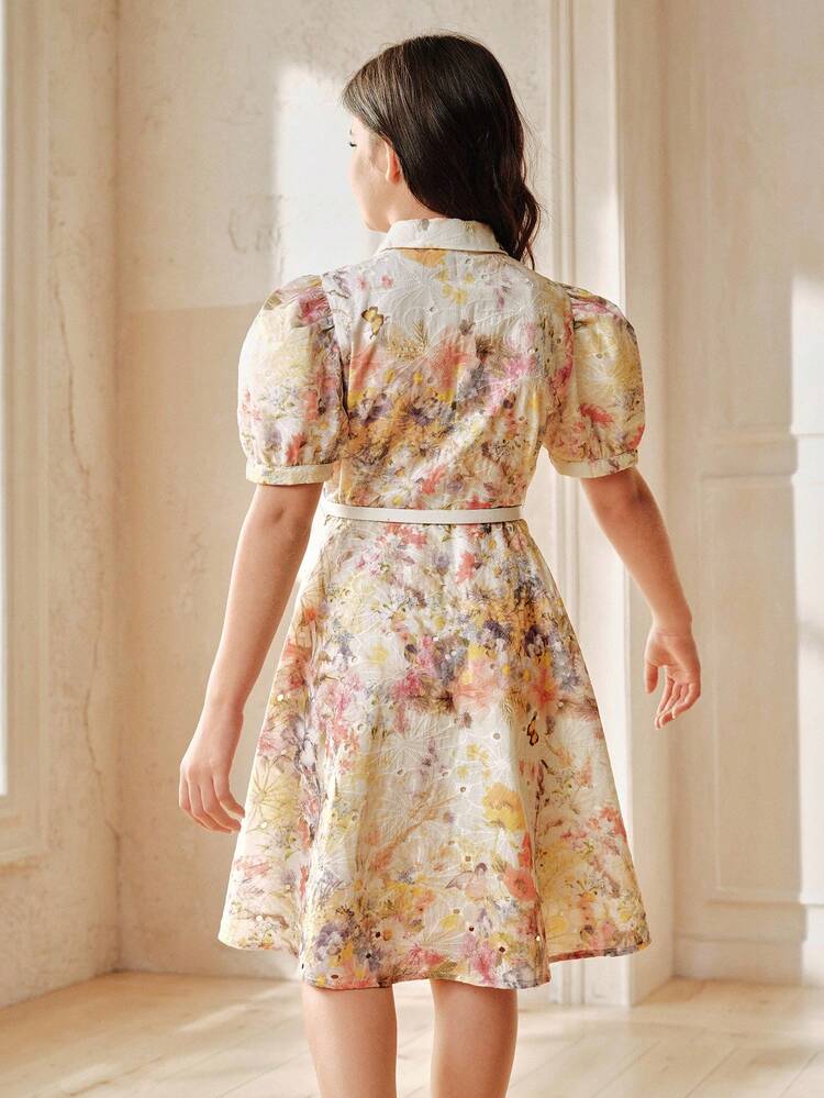 Girls' Floral Print Dress With Belt, Spring/Summer