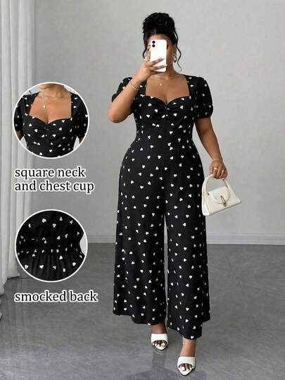 Maweii Salopetă de damă mărime mare, cu mâneci bufante, spate încrețit, imprimeu cu inimioare și buline, elegantă pentru naveta, casual, vacanță