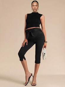 MaterniChic Maternity Clothes Maternity Pants Summer Pregnant Clothes Black Maternity Shorts, Capri Length, Slit, Slim Fit, And Elegant Tie-Up Design - Black - View 2