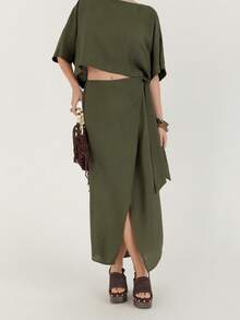 Women Army Green Batwing Sleeve Top And Pants 2 Pieces Set - Army Green - View 6
