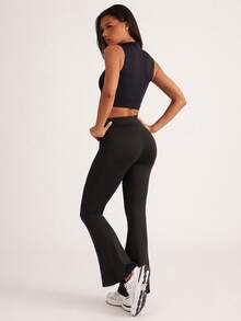 Easithlete 女式 V 形交叉腰带瑜伽紧身裤，女式喇叭腿，高腰喇叭裤，阔腿瑜伽裤，弹力工作裤，适合健身、运动、跑步、骑行、瑜伽、泡菜球运动、休闲 - 黑色 - 查看 6