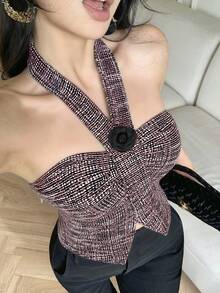 DAZY Women's Elegant Halter Neck 3D Floral Blouse, Summer - Pink - View 1