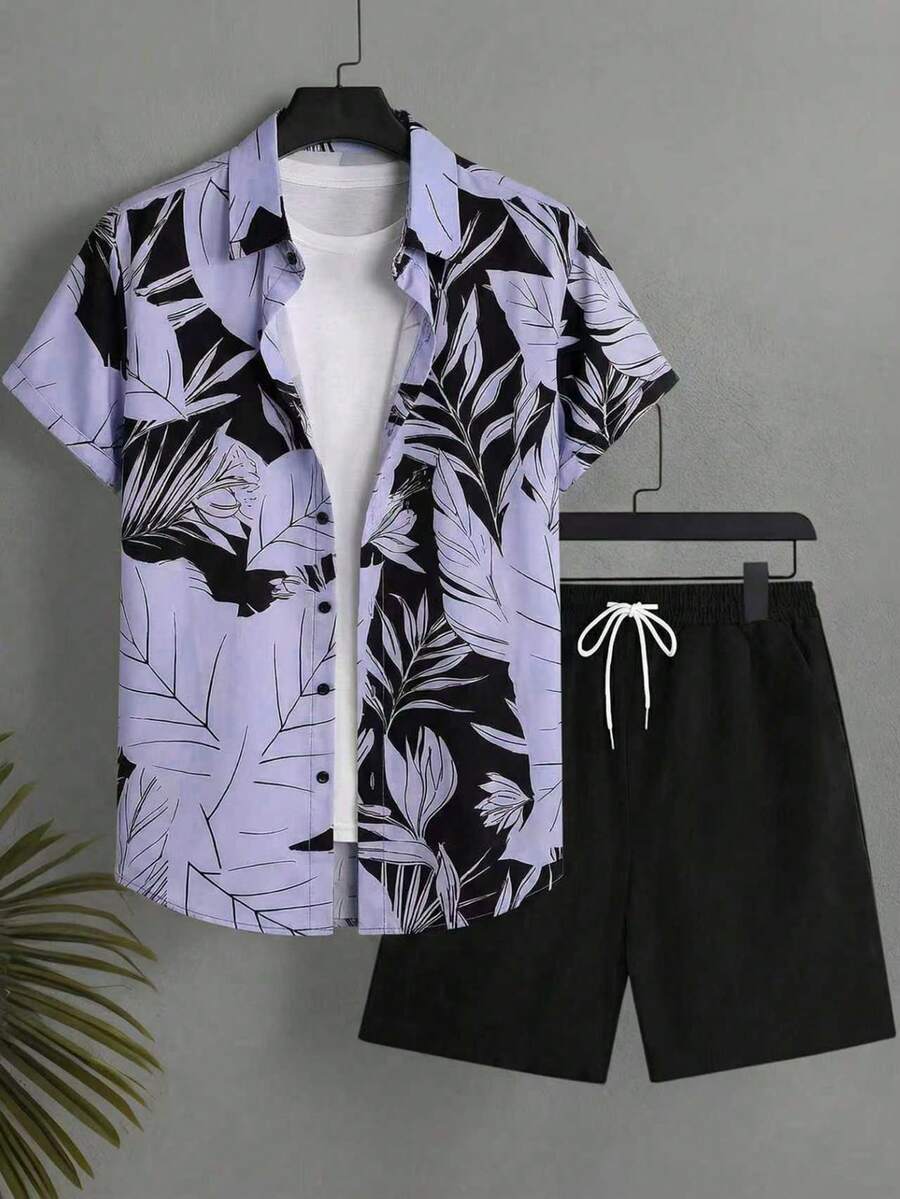 Manfinity Swimmode Men's Vacation Casual Plant Print Shirt And Shorts Beach Outfit - Baby Blue - View 1
