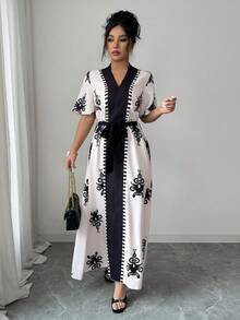 Elenzga Vestido largo con estampado floral de manga larga con cinturón y cuello en V para mujer, elegante y casual, adecuado para citas, Año Nuevo, San Valentín, Pascua, Día de la Madre, festivales de música, bodas en Oriente Medio, ir al trabajo, vacaciones, color rosa pálido - Rosa Pálido - Ver 6