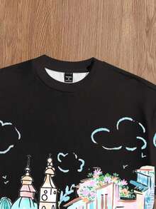 Manfinity Joysei Men's Casual Town Print Loose Short T-Shirt - Black - View 3