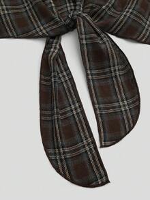 Sweetra Blusa de mujer de talla grande con diseño de hombros descubiertos, parches y lazos, en estilo a cuadros de otoño - Marrón - Ver 4