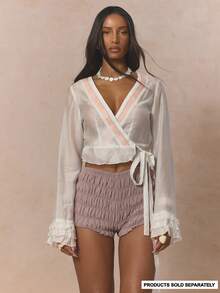 MUSERA V Neck Tie Cross Over Lace Detail Ruffled Longsleeve Blouse Coord Top Only Cute Spring Holiday Girly Sugar Salt - White - View 1