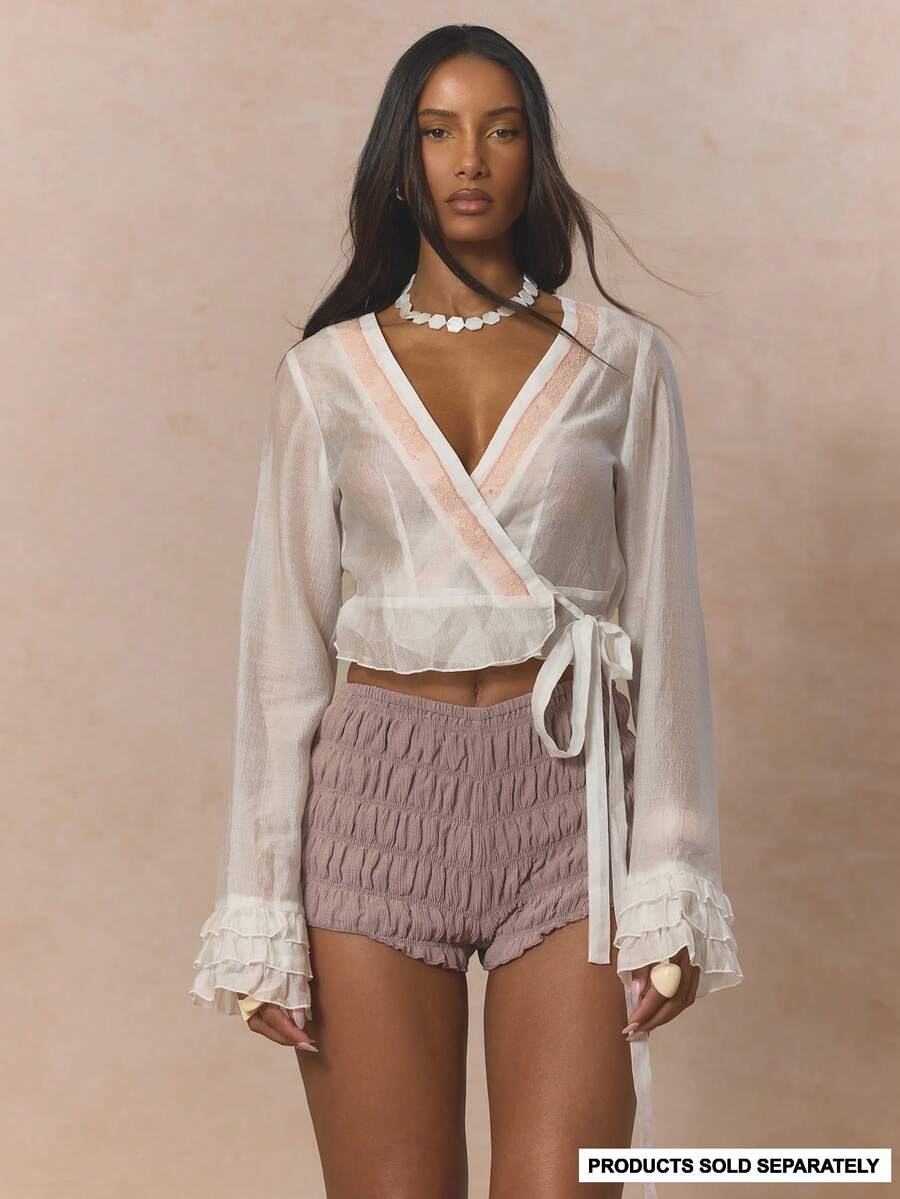 MUSERA V Neck Tie Cross Over Lace Detail Ruffled Longsleeve Blouse Coord Top Only Cute Spring Holiday Girly Sugar Salt - White - View 1