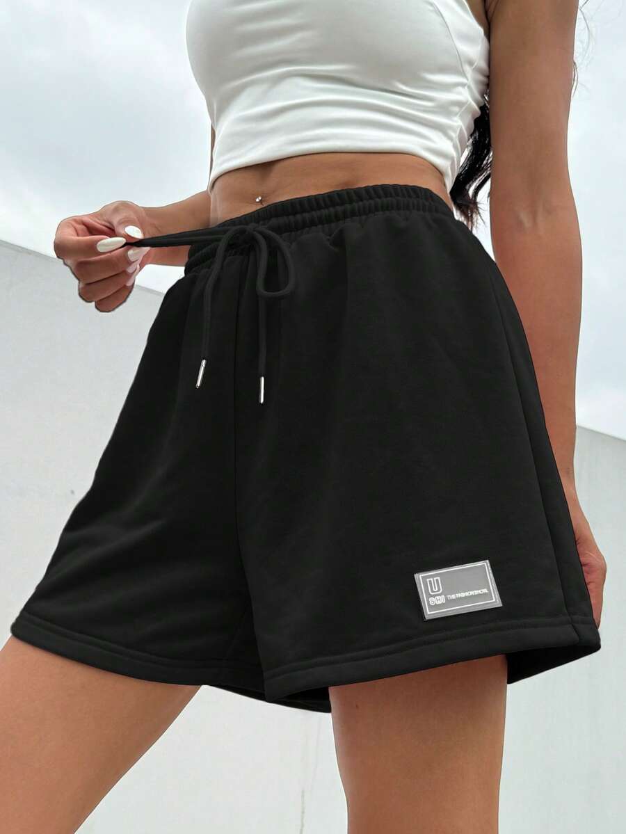 SHEIN EZwear 夏季寬鬆休閒粉色束腰拼接運動短褲 - 黑色 - 查看 1