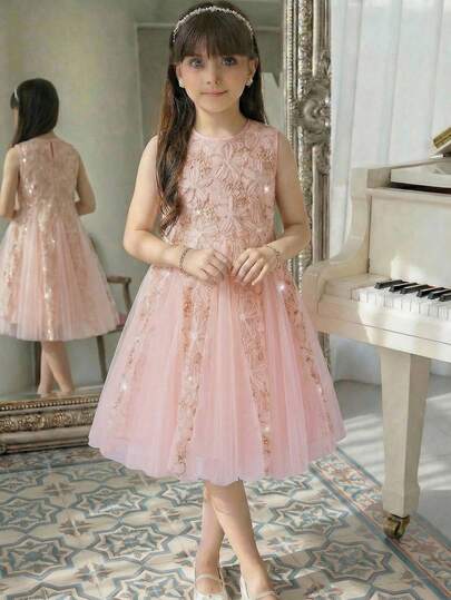 Girls' Sleeveless Pink Pearl Necklace 3D Floral Mesh Party Dress, Suitable For Party & Festival